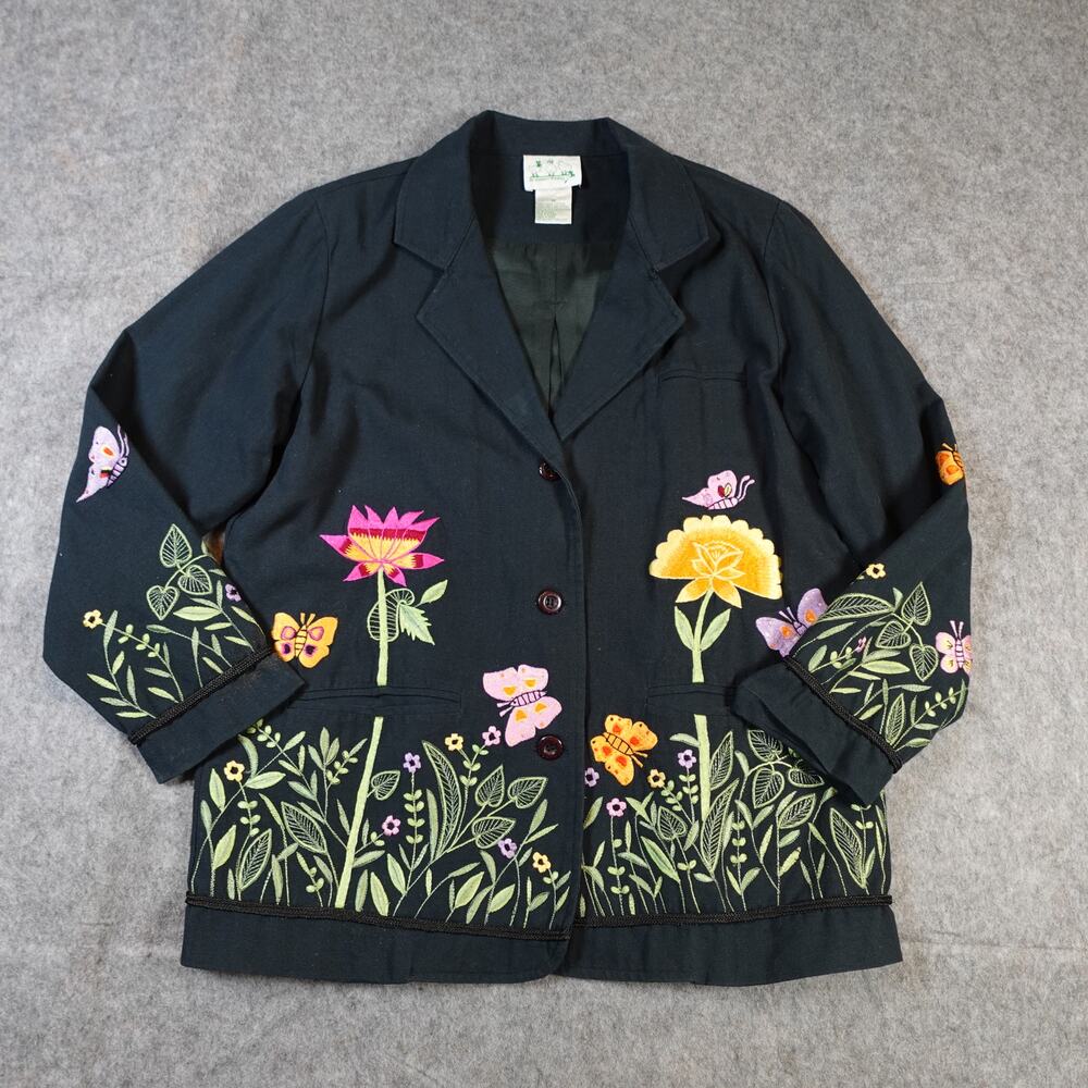 Quacker Factory Jacket Womens Medium Embroidered Floral Butterfly Novelty
